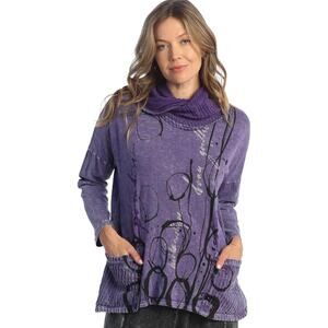 Jess & Jane Circles Mineral Washed Criss Cross Cowl Neck Purple Tunic Top-Medium